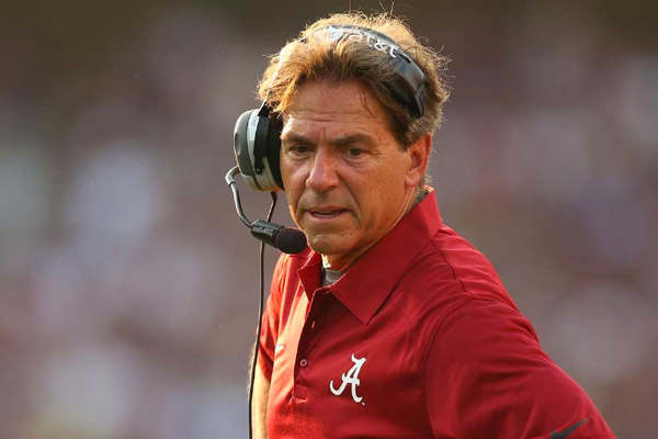 Nick Saban was not excited to be asked about Pat White's remarks on Alabama recruiting. (Darren Carroll/SI)